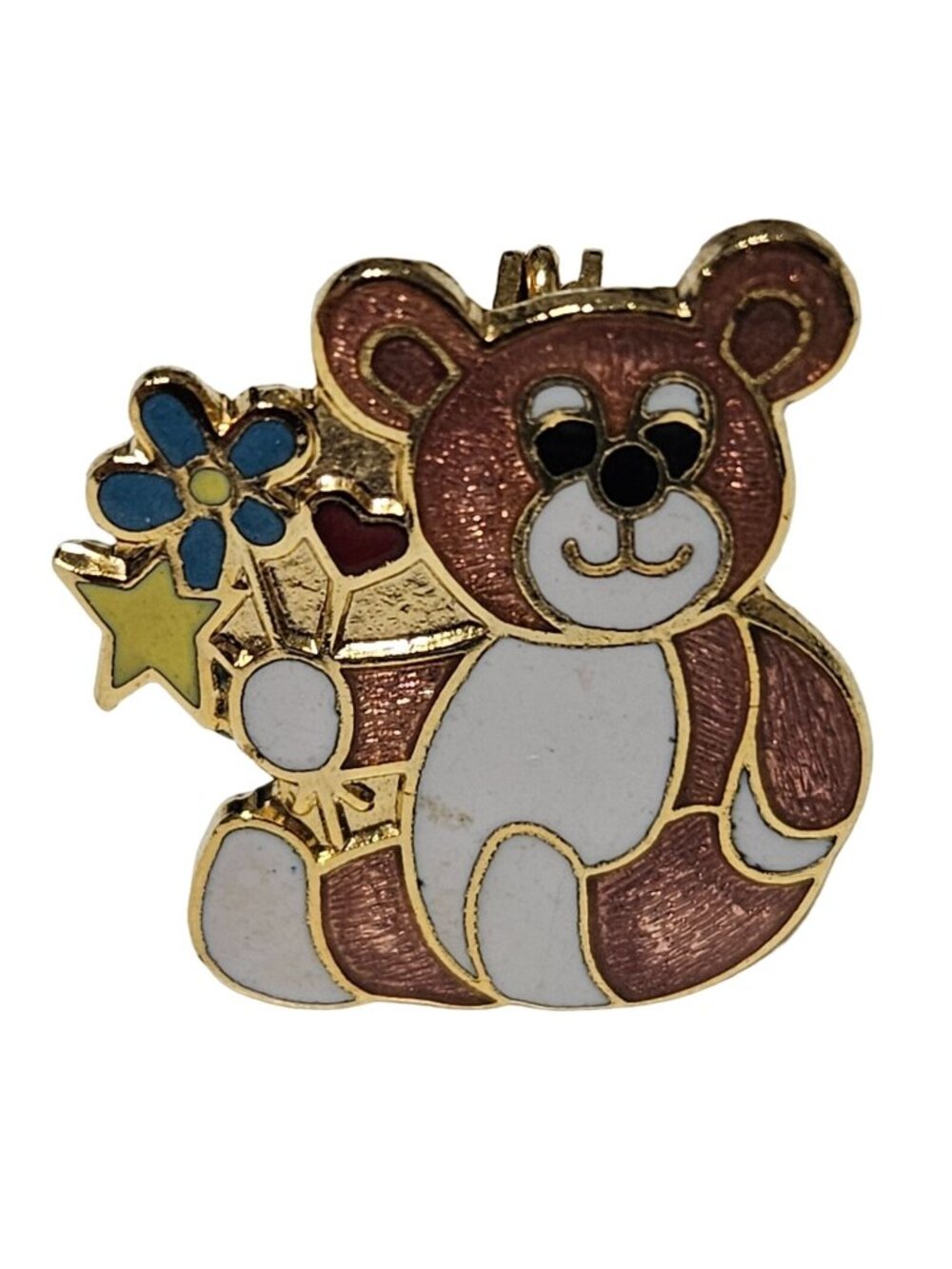 Vintage 80s TFS Teddy Bear Lapel Pin Flowers Stars Enamel Retro Fashion Jewelry